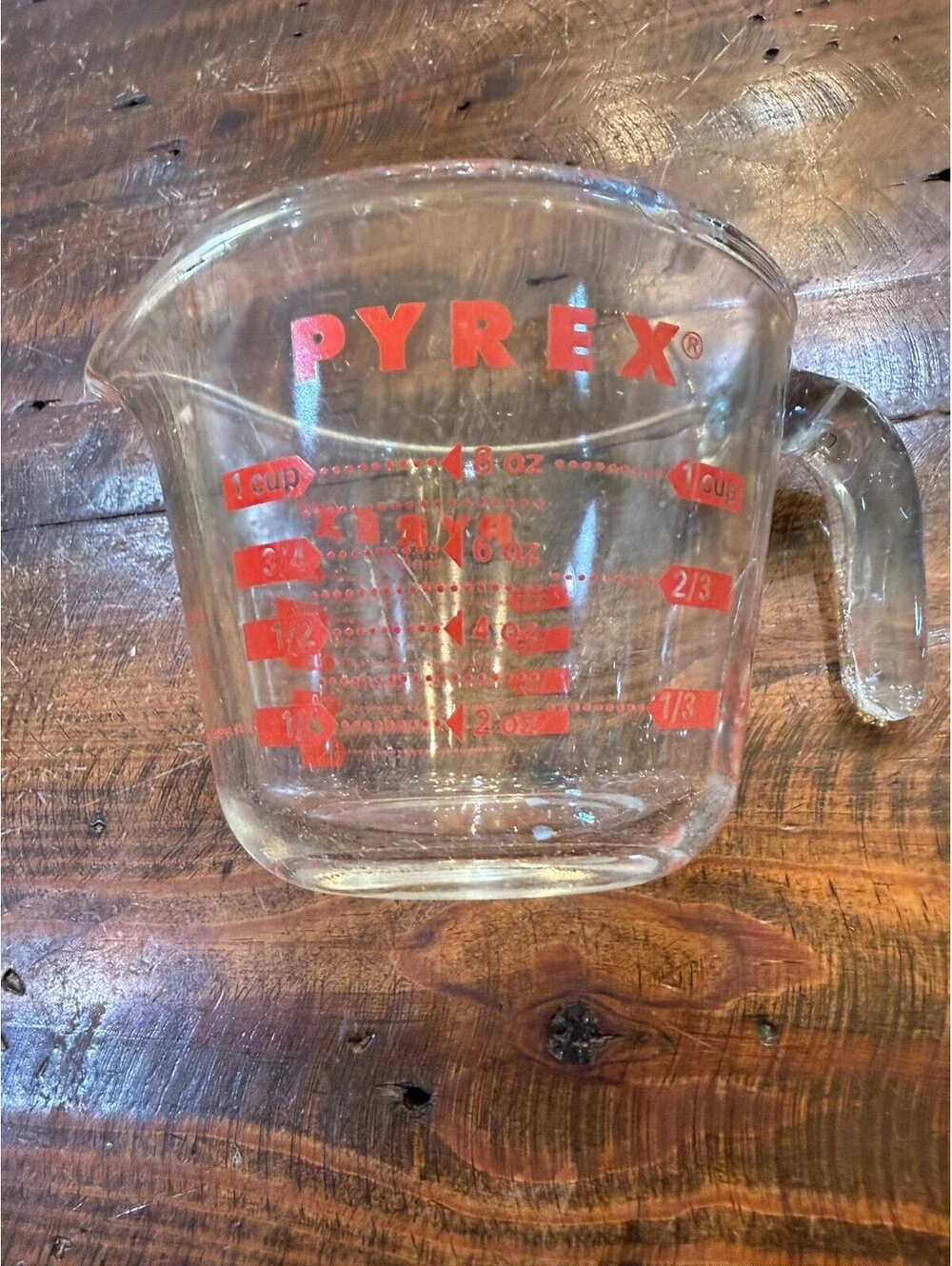 Vintage Pyrex 1-Cup Glass Measuring Cup with Red Lettering